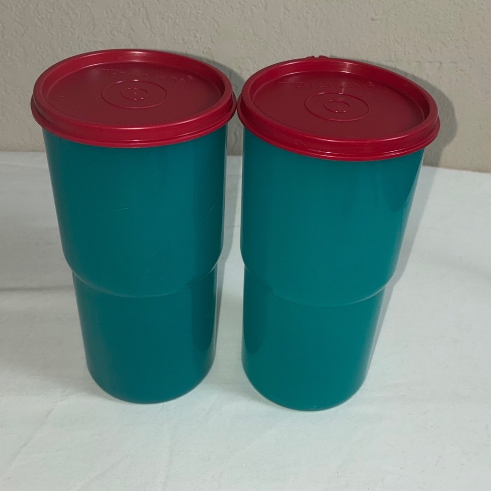 Vintage Tupperware Teal Tumblers Cups Red Lids Set of 4 Stackable 16 oz